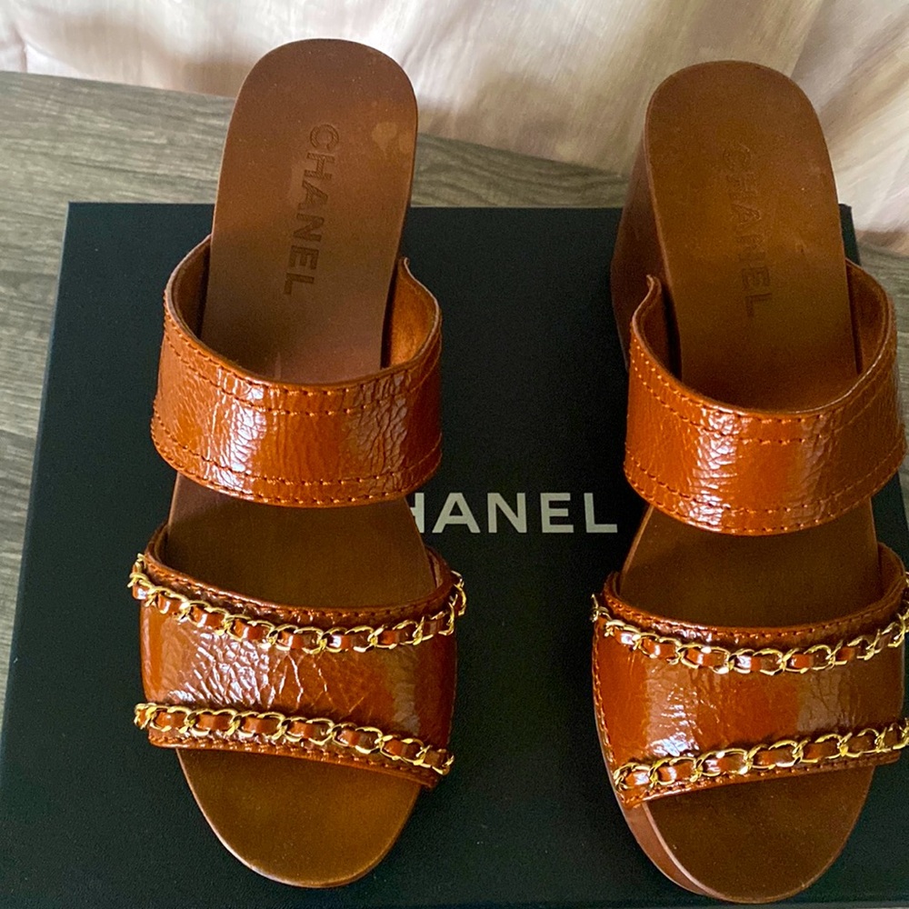 Chanel Clog Sandal. Brown with chain detail.